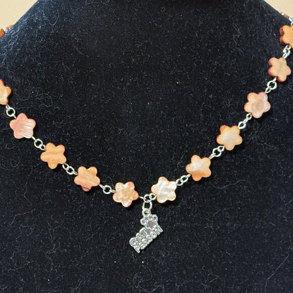 Caramel Mother of Pearl Flower Beaded Short Necklace+Cat Person PawPrint Pendant - Picture 3 of 13